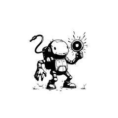 Cartoon Astronaut Holding an Object with Light Rays Illustration in Black and White