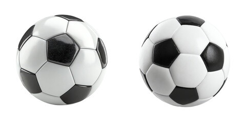 Two classic black and white soccer balls with pentagon and hexagon patterns