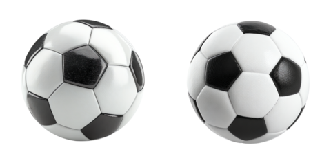 Two classic black and white soccer balls with pentagon and hexagon patterns