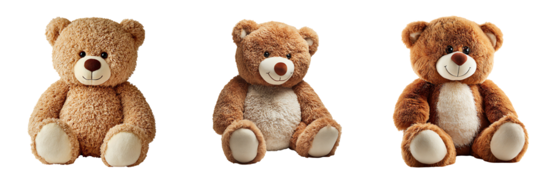 Three plush teddy bears with soft fur, round faces, and friendly expressions are sitting side by side