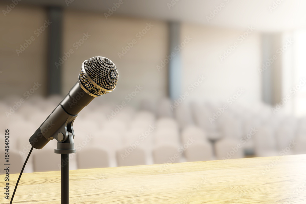 Aufkleber microphone on wooden podium in empty conference room with blurred audience seating and soft natural 