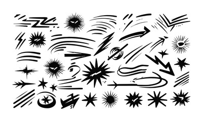 cartoon expression elements, variety of black dynamic lines, accent marks, motion streaks, impact bursts, swirl lines, spark symbols, easily editable.