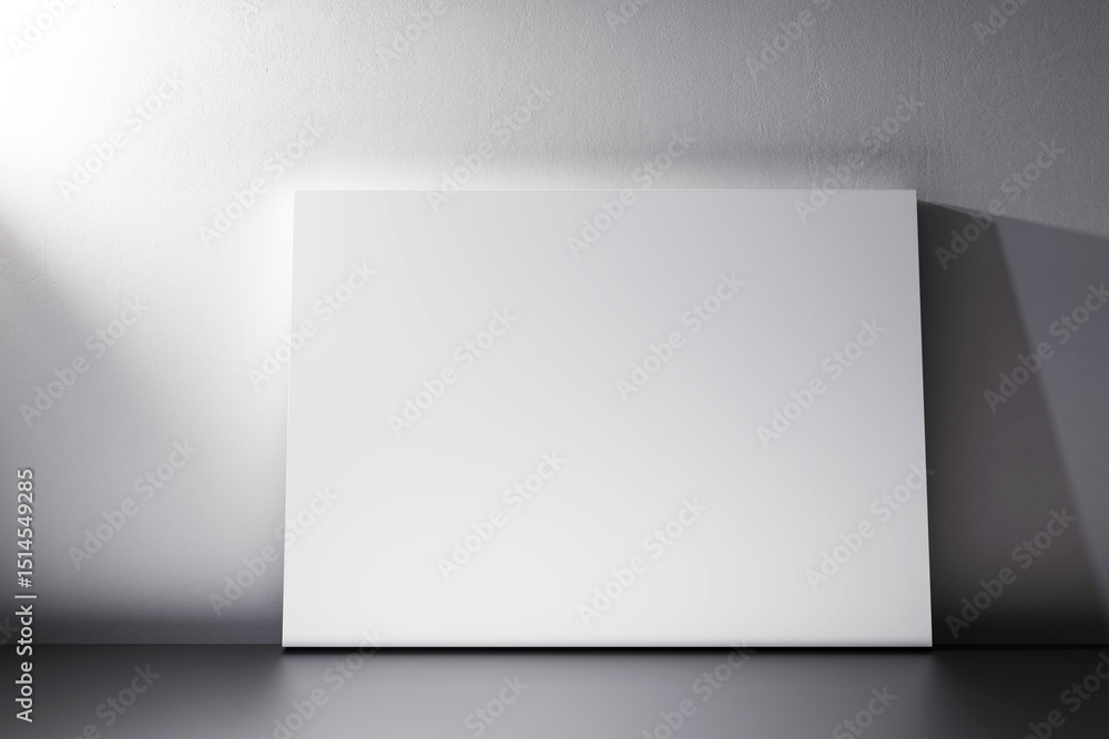 Poster blank white canvas leaning against a wall in a dimly lit room with dramatic spotlight casting shadow