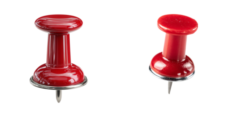 Two red push pins with metallic points are positioned upright and clearly visible