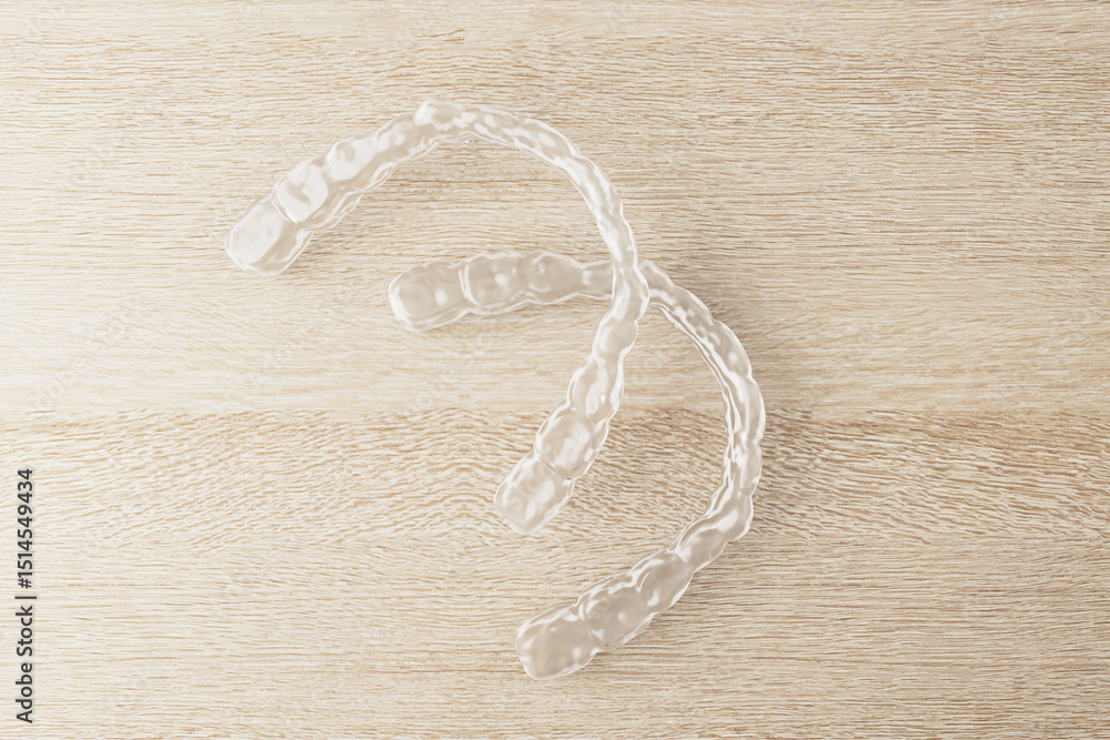 Poster transparent dental aligners placed on light wooden background in modern minimal design style, showin