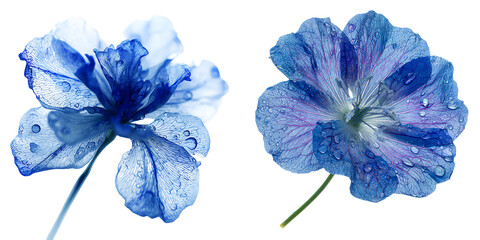 Two blue flowers with delicate petals and visible water droplets on their surfaces
