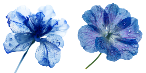 Two blue flowers with delicate petals and visible water droplets on their surfaces