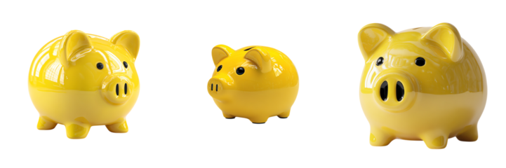 Three yellow piggy banks of different sizes are displayed side by side