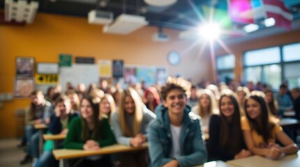 A blurry shot of a classroom filled with smiling teens during a presentation; light shines