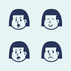 Vector cartoon of a little girl with straight hair showing 4 emotions: happy, cheerful, talking, and sad. Perfect for education, UI emoji packs, or emotional learning content