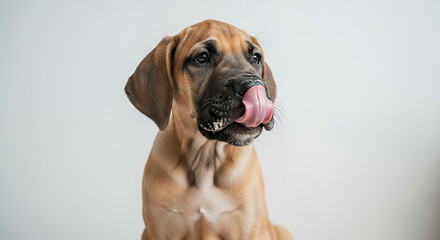 Obraz premium Adorable Great Dane puppy licking its lips with a sweet expression against a plain background