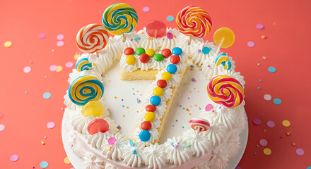 Festive birthday cake with colorful candy decorations and a bold number seven for a joyful celebration