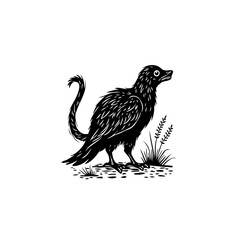 Whimsical creature illustration: A bird with a monkey tail in black and white