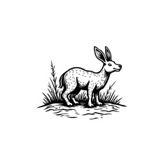 Detailed monochrome artwork of a long-eared animal in a grassy landscape illustration