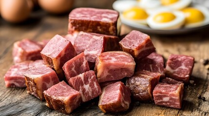 Fototapeta premium Delicious Smoked Beef Cubes on Wooden Board