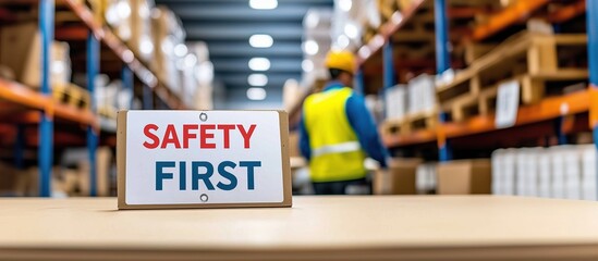 Safety first sign in warehouse with worker wearing yellow safety vest and helmet in background