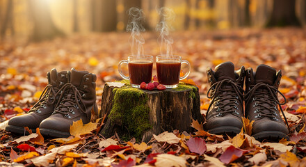 Two coffee cups on a stump with hiking boots in a serene autumn forest setting