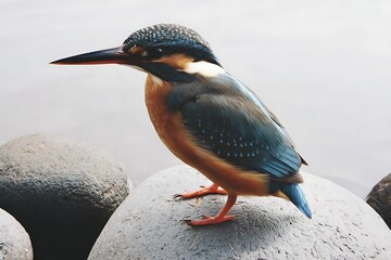 Fototapeta premium Kingfisher perched on rocky river bank