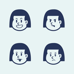 Vector cartoon of a little girl with straight hair showing 4 emotions: happy, cheerful, talking, and sad. Perfect for education, UI emoji packs, or emotional learning content