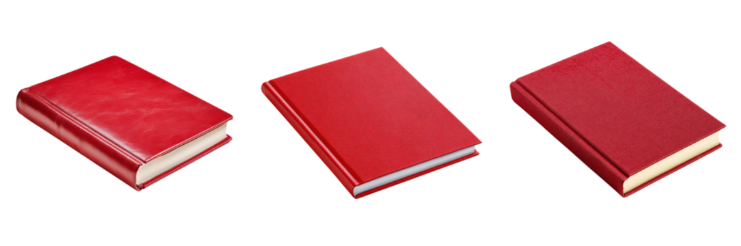 Three closed red hardcover books are arranged side by side
