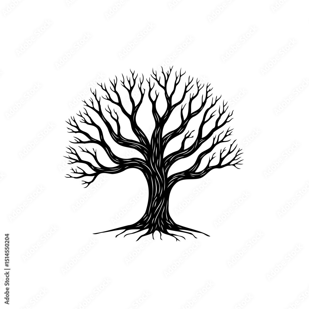 Poster striking silhouette of a leafless tree against a stark white background creating a serene minimalist