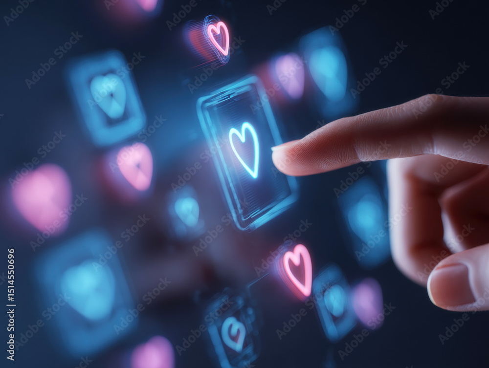 Poster user interacts with glowing heart icons on a touchscreen display at night