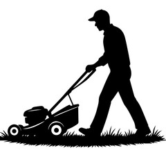 Silhouette People Mowing Lawn