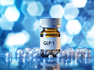 GLP-1 medication in a vial surrounded by pills on a vibrant background