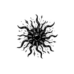 Mystical Sun Illustration with Intricate Details in Black and White Graphic Design