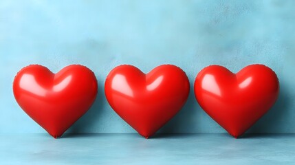 Three Red Heart Balloons on Blue Background Romantic Love Valentines Day
