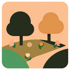 Tranquil Garden Path A Serene Illustration of Nature's Beauty, Featuring Blossoms and Trees