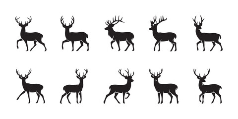 A set of nine simple, black silhouette deer images, perfect for use in various design applications.