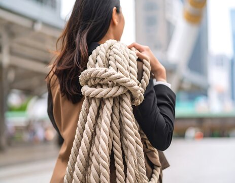 Fototapeta Businesswoman carrying rope outdoors