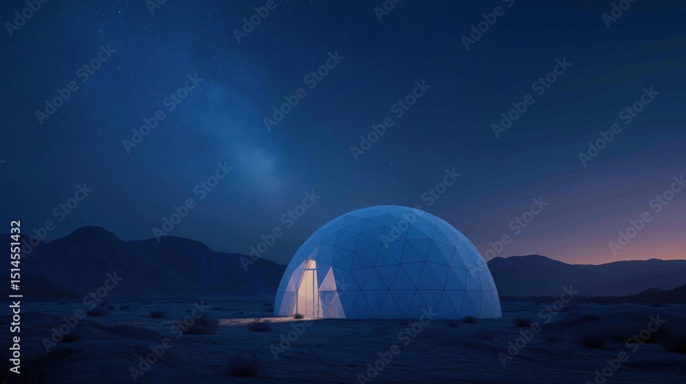 Poster large dome-shaped structure in the middle of a desert-like landscape. the dome is made up of multipl