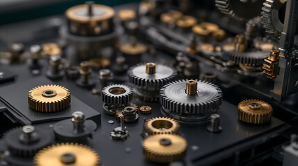 Complex gearwork assembly with steel and brass gears on mechanical device, showing intricate engineering and precise metal components in close up view