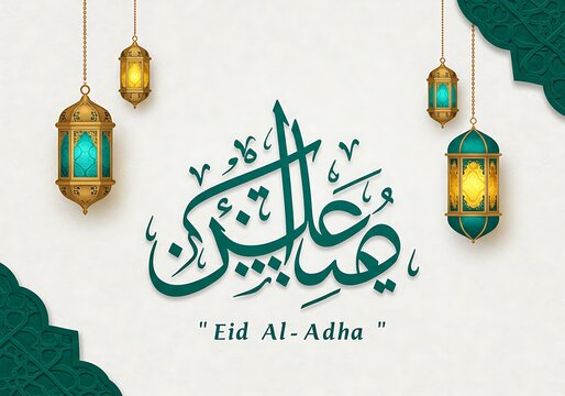 Elegant eid al-adha calligraphy with hanging lanterns on white background