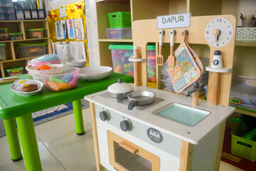 wood toys at pre school classroom. Kindergarten education smart games for children