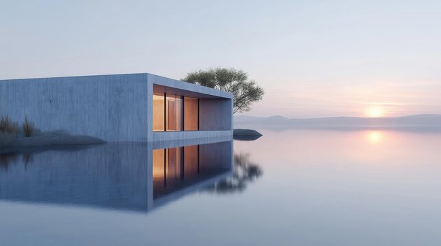 Modern minimalist house on the shore of a calm lake. the house is made of concrete and has a rectangular shape with a flat roof.