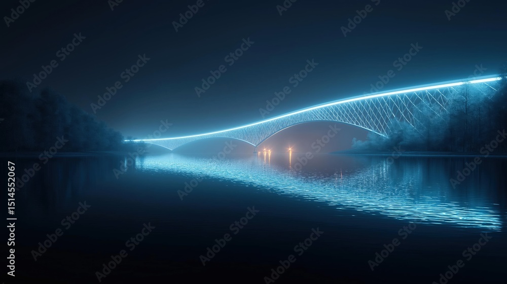 Poster digital illustration of a bridge over a body of water at night. the bridge is made up of a series of