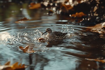 Common Snipe searches for food in shallow water while leaves float around, Common Snipe in the search for food in the shallow water, Gallinago gallinago