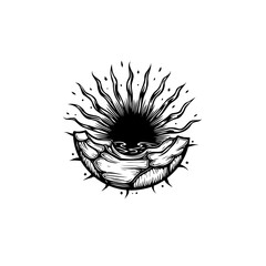 Mystical sunrise over ancient stone ruins with stylized sun rays, illustration