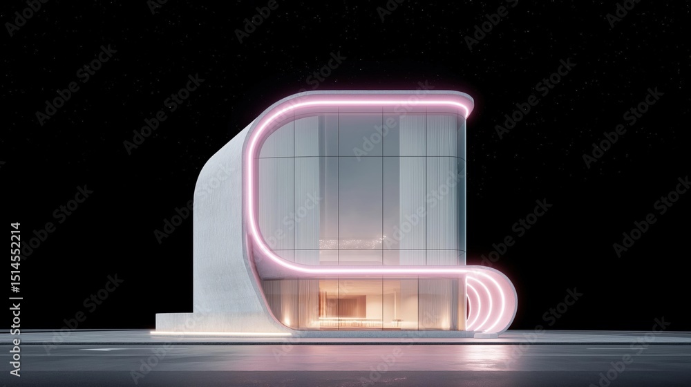 Poster 3d rendering of a modern building at night. the building is a two-story structure with a curved roof