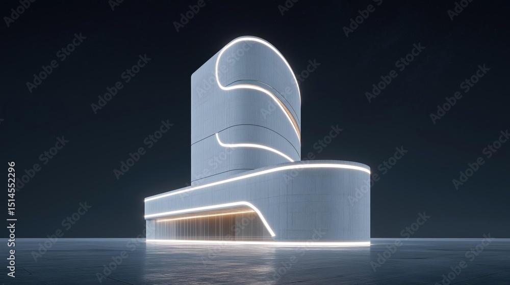 Poster 3d rendering of a modern building at night. the building is a tall, cylindrical structure with a cur