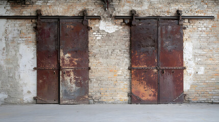 Rusty metal sliding doors on cracked old brick wall in abandoned industrial building, evoking sense of decay and history in empty space