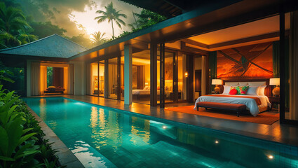 Luxurious hotel room with private pool at sunset