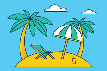 A cartoon illustration of a tropical island with palm trees, a beach chair, and a beach umbrella art style