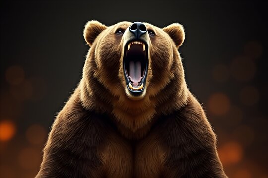 Roaring grizzly bear showing its teeth in a close-up portrait