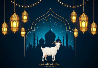 Eid al-adha mubarak with goat, mosque, and lanterns illustration
