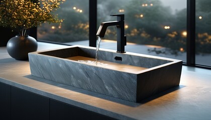 Elegant rectangular carved stone sink with modern faucet for luxury kitchen design with copy space