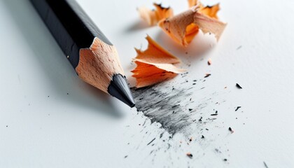 Close-up of pencil with subtle graphite mark and shavings on white surface with copy space